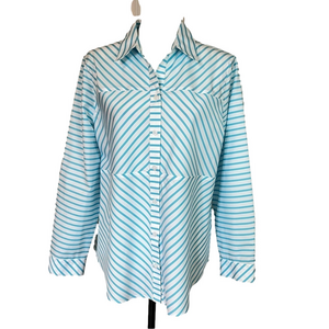 CHICO’S NWOT Women’s No Iron™ Stretch Stripe Shirt Pastel Blue Teal White Large